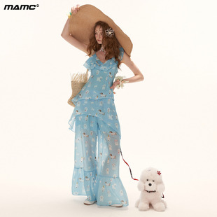 MAMC小狗印花不规则荷叶边吊带阔腿裤套装女夏新款法式甜美两件套