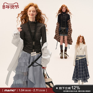 MAMC高领针织肌理条纹打底衫T恤女修身显瘦2025秋季新款白色上衣