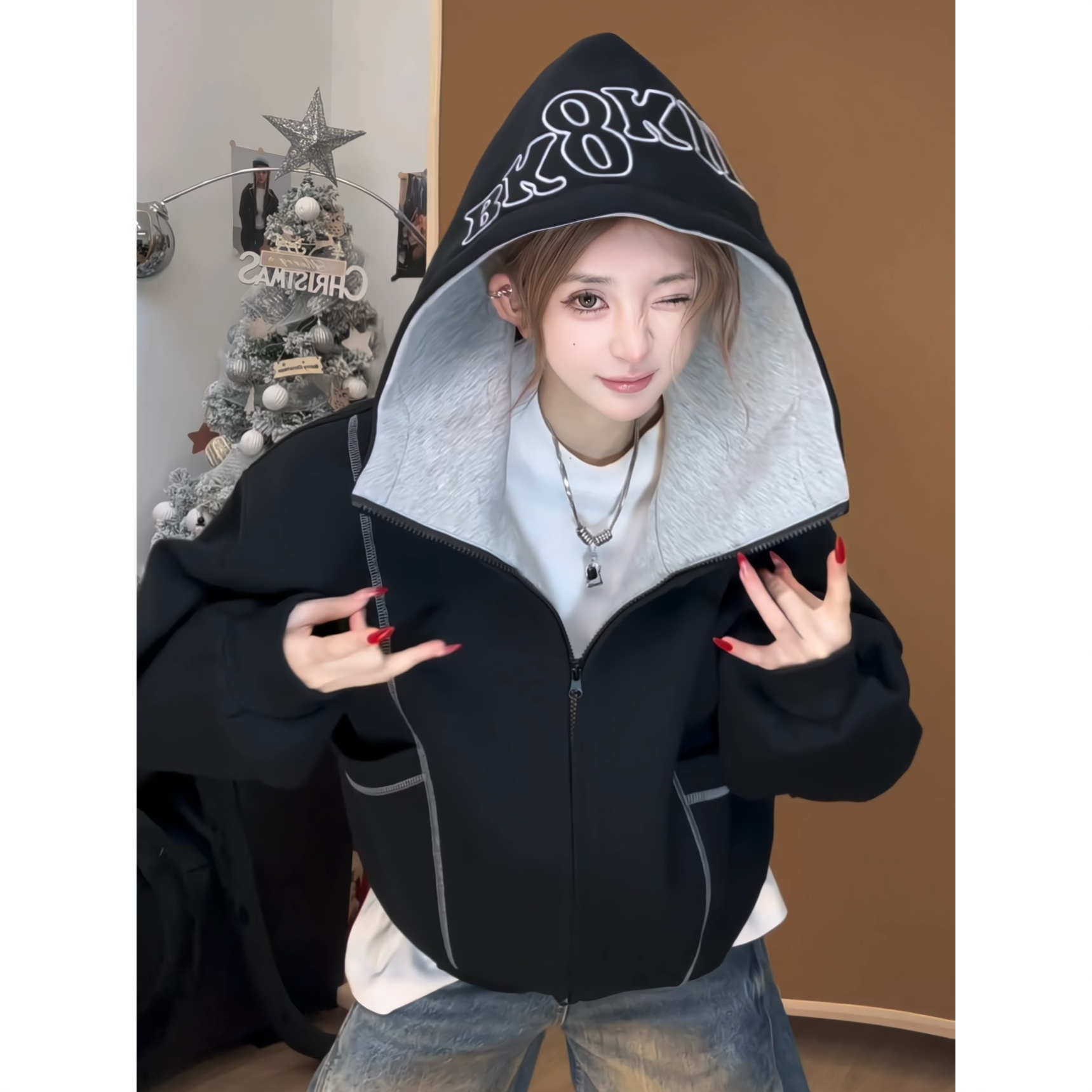 WAALEVANA美式复古重磅空气层开衫拉链卫衣外套春秋情侣廓形上衣