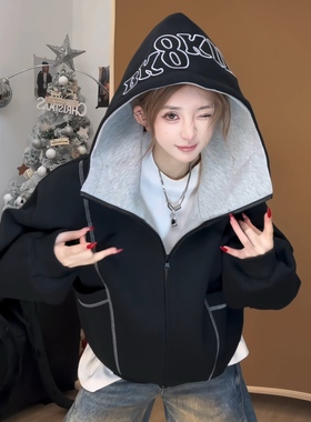 WAALEVANA美式复古重磅空气层开衫拉链卫衣外套春秋情侣廓形上衣