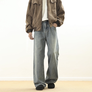 WAALEVANA cleanfit美式高街水洗复古松紧腰牛仔裤阔腿直筒宽松裤