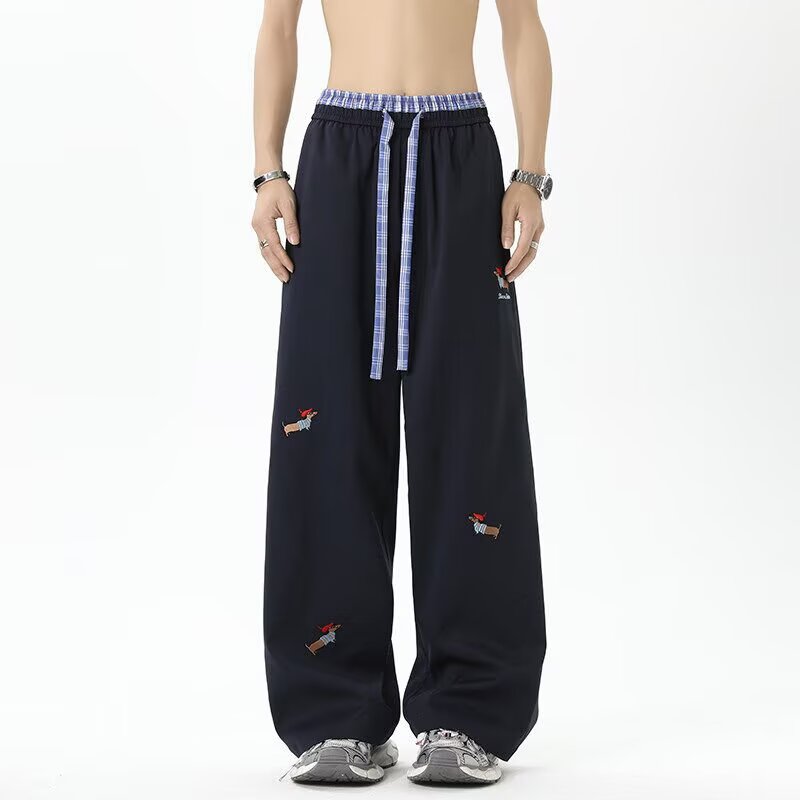 WAALEVANA 腊肠狗刺绣美式运动裤子春秋男女拼接各自直筒休闲长裤