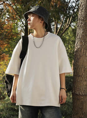 复古宽松纯色麂皮绒短袖夏潮流圆领美式五分袖T恤百搭简约上衣ins