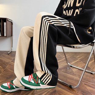 WAALEVANA满印压花条纹拼接vintage直筒运动休闲裤阔腿宽松卫裤潮