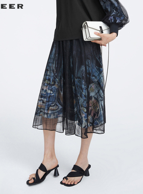 sdeer圣迪奥女装秋松紧印花网纱拼接A字长裙S221Z1119