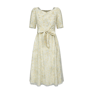 sdeer圣迪奥方领晕染网纱收腰泡泡袖连衣裙S223Z122Q