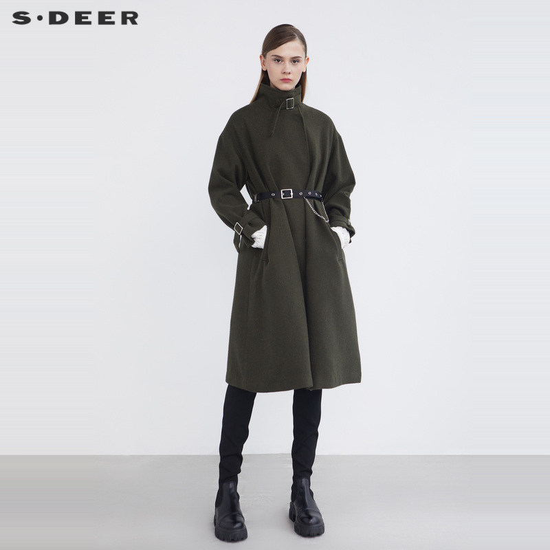 sdeer圣迪奥女装休闲立领收腰H型毛呢长款大衣S2148182