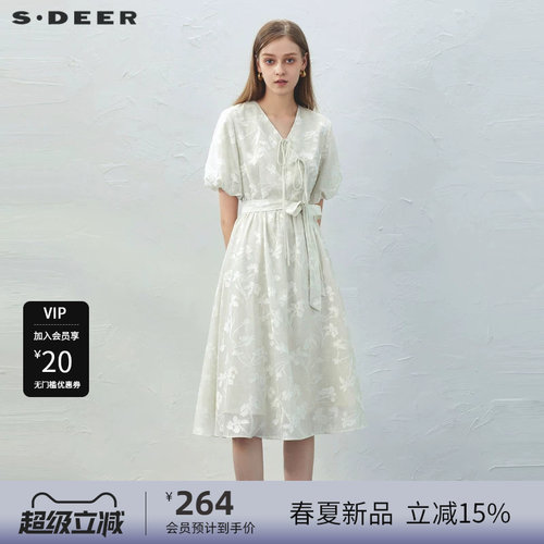 s.deer绣花泡泡袖新中式连衣裙