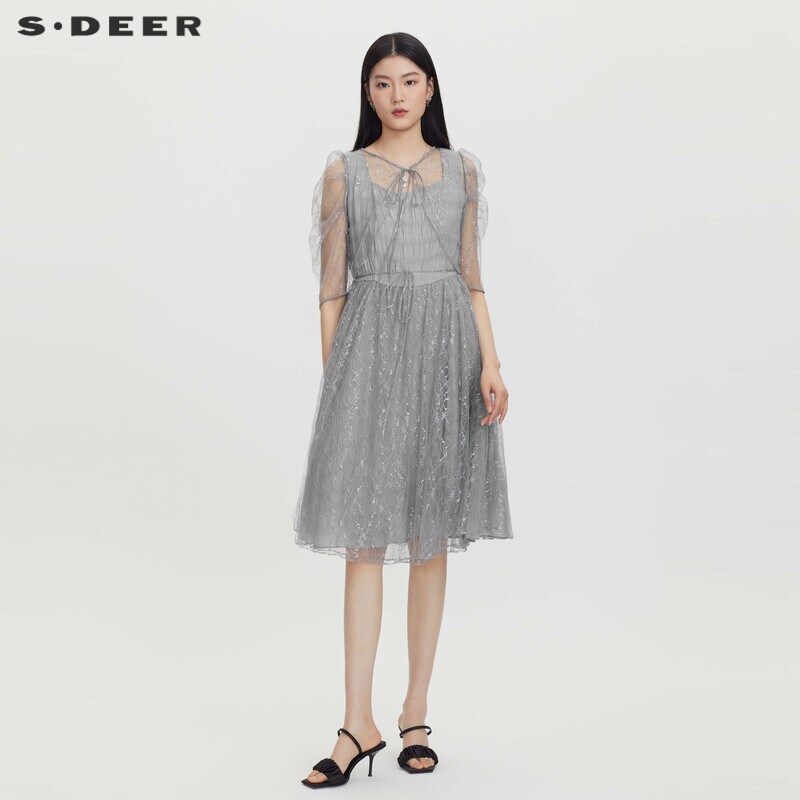 sdeer圣迪奥女装网纱收腰泡泡袖披肩两件套连衣裙S232Z12