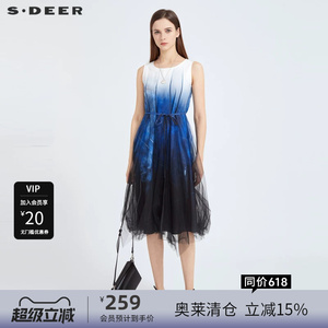 sdeer圣迪奥时尚圆领渐变网纱收腰无袖连衣裙S21181221