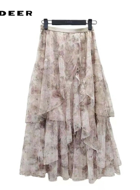 sdeer圣迪奥女装松紧荷叶边晕染不规则A字长裙S242Z1147
