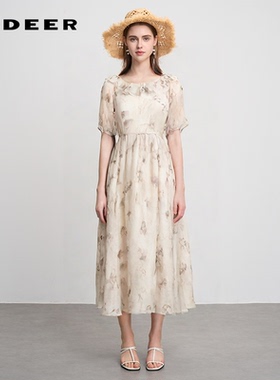 sdeer圣迪奥女装V领荷叶边印花网纱收腰连衣裙S242Z1289