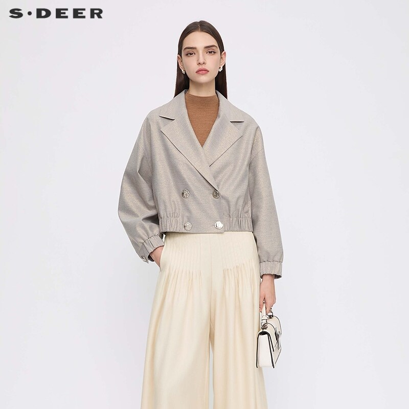 sdeer圣迪奥女装25年新品OL风西装领双排扣插袋外套S253Z2216