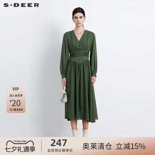 s.deer压褶垂坠雪纺长袖连衣裙