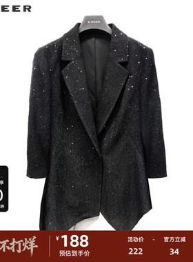 sdeer圣迪奥女装OL风西装领网纱不规则中袖外套S231Z2229