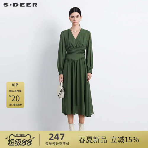s.deer压褶垂坠雪纺长袖连衣裙