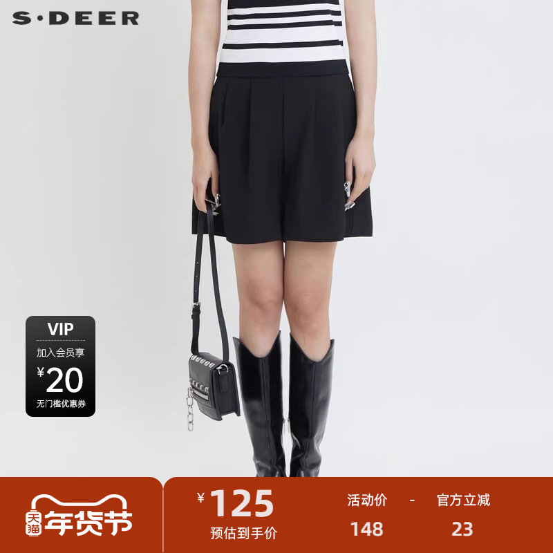 sdeer圣迪奥女装复古高腰压褶A字黑色短裤S24280904