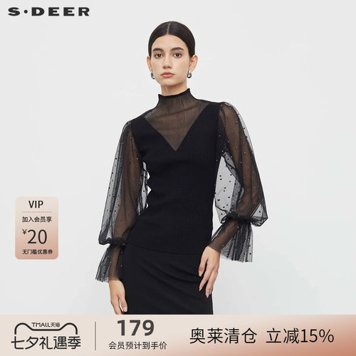 s.deer镂空波点网纱泡泡袖针织衫