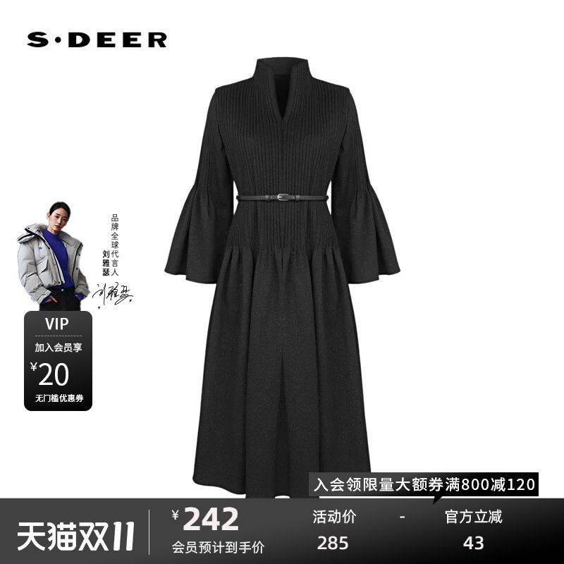 sdeer圣迪奥女装V领风琴褶收腰喇叭袖连衣裙S233Z12X6