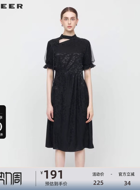 sdeer圣迪奥女装圆领印花新中式网纱短袖连衣裙S242Z1267