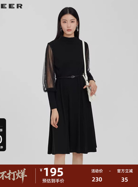 【sdeer奥莱】圣迪奥女装秋半高领收腰网纱针织连衣裙S231Z1238