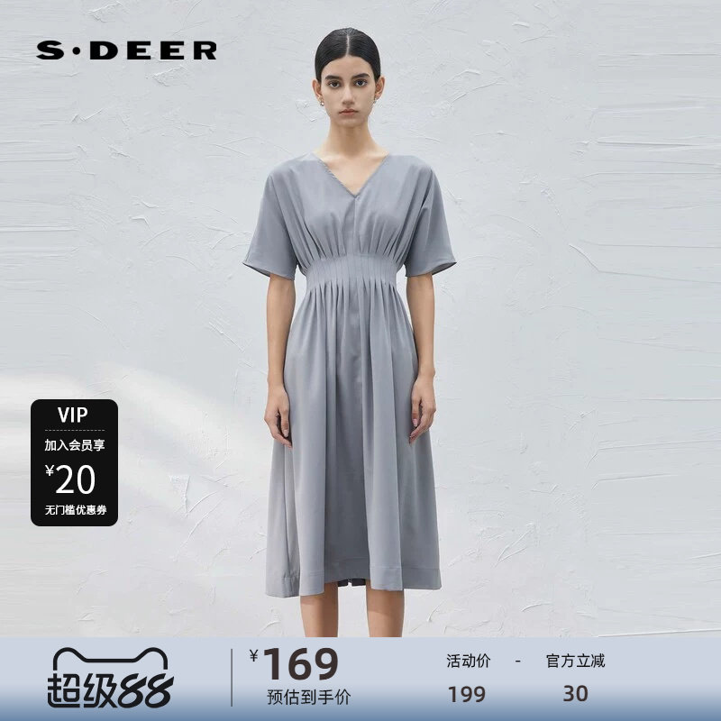 sdeer圣迪奥女装V领压褶雪纺垂坠短袖连衣裙S232Z12JL