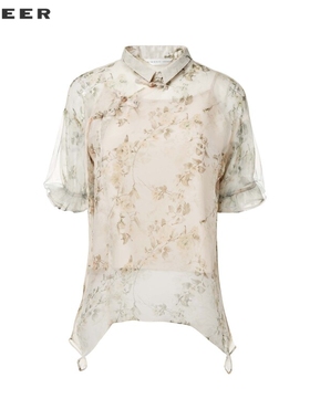 sdeer圣迪奥女装新中式套装盘扣印花两件套衬衫S242Z0445