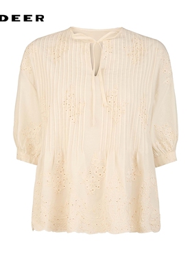sdeer圣迪奥女装25年新品田园风圆领绣花镂空短袖上衣S252Z3230