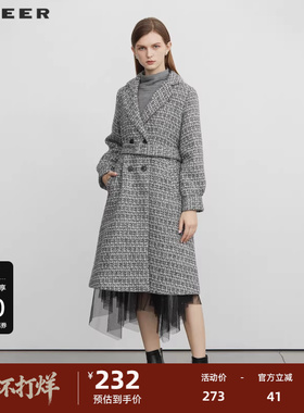 sdeer圣迪奥女装西装领收腰格纹长款毛呢大衣S223Z2508