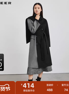 sdeer圣迪奥女装不规则领撞色收腰毛呢长款大衣S223Z2505