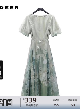 sdeer圣迪奥女装圆领印花收腰网纱泡泡袖连衣裙S242Z12P2