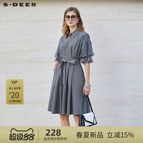 衬衫连衣裙 收腰泡泡袖 网纱拼接