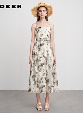 sdeer圣迪奥女装复古水墨印花收腰网纱吊带连衣裙S242Z1287