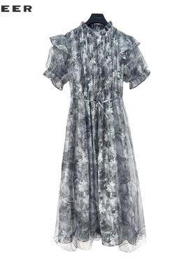 sdeer圣迪奥女装木耳边风琴褶收腰印花两件套连衣裙S242Z1262