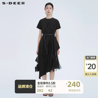 sdeer圣迪奥女装圆领收腰网纱印花拼接短袖连衣裙S2228124891