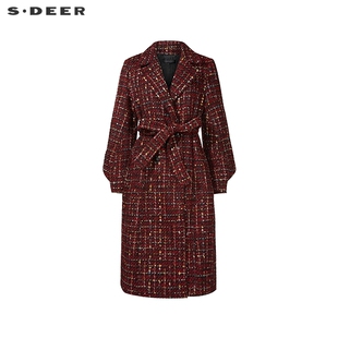 sdeer圣迪奥女装西装领格纹收腰灯笼袖长款羽绒服S234Z2407