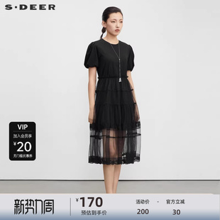 S·DEER圣迪奥女装 连衣裙S23261204 圆领网纱蕾丝泡泡袖