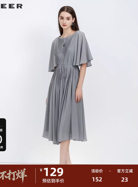 S·DEER圣迪奥女装圆领风琴褶收腰短袖连衣裙S223Z12V7