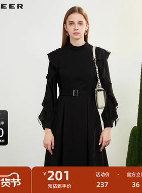 sdeer圣迪奥女装秋立领荷叶边网纱收腰连衣裙S231Z1229