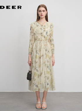 sdeer圣迪奥女装V领荷叶边晕染收腰网纱连衣裙S242Z12W1