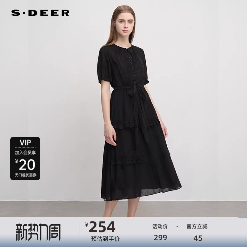 sdeer圣迪奥女装系带圆领风琴褶收腰花边连衣裙S242Z121