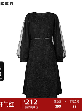 sdeer圣迪奥女装圆领收腰网纱泡泡袖毛呢连衣裙S224Z1283
