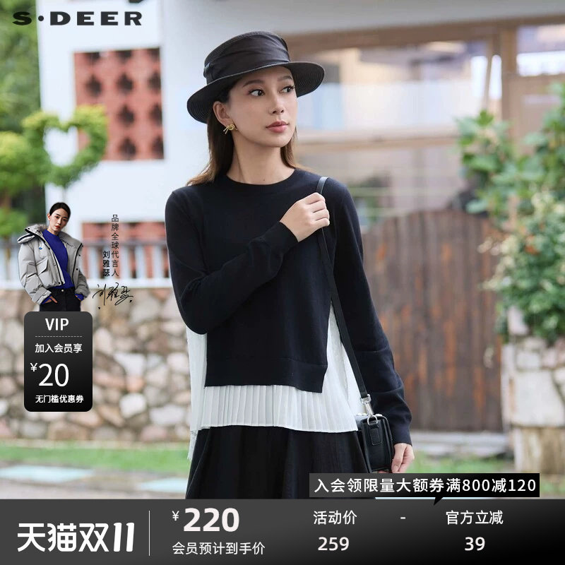 sdeer圣迪奥女装罗纹圆领压褶拼接蕾丝针织衫S24383508