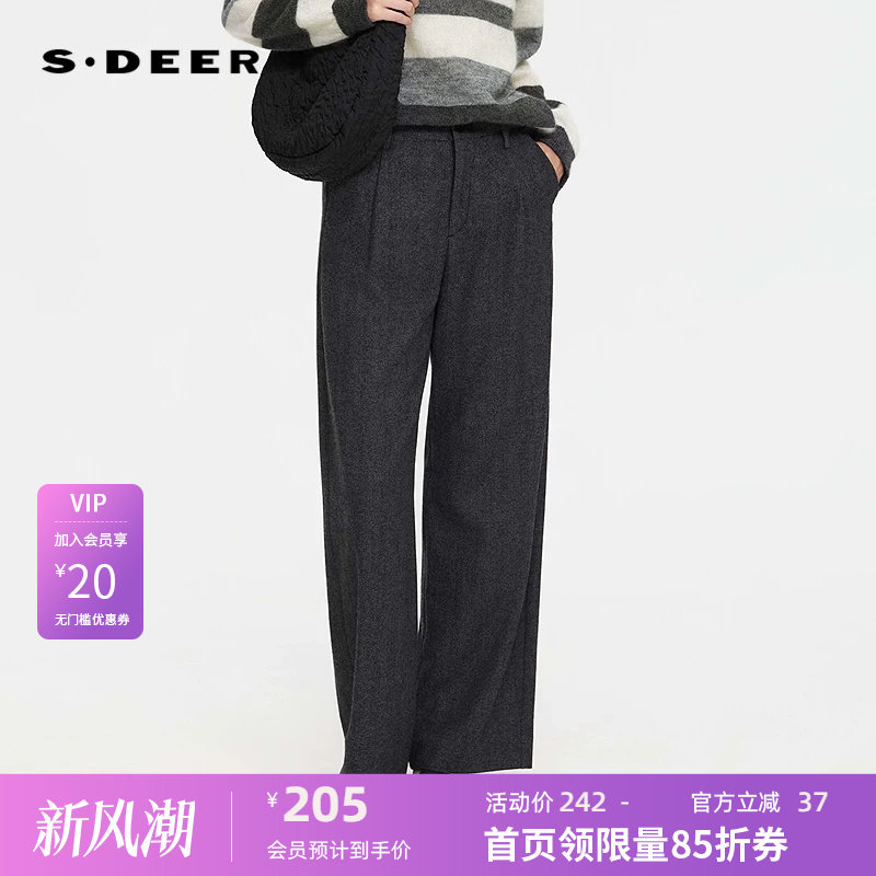sdeer圣迪奥女装25年新品OL风高腰插袋直筒毛呢长裤S253Z0812