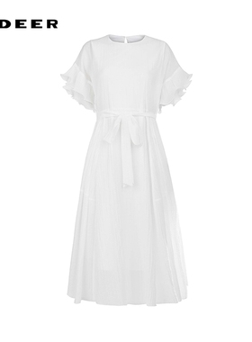 sdeer圣迪奥女装25年新品复古圆领荷叶边收腰短袖连衣裙S252Z12D2
