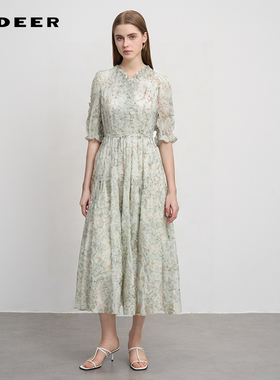 sdeer圣迪奥女装木耳边收腰碎花网纱连衣裙套装S242Z1410