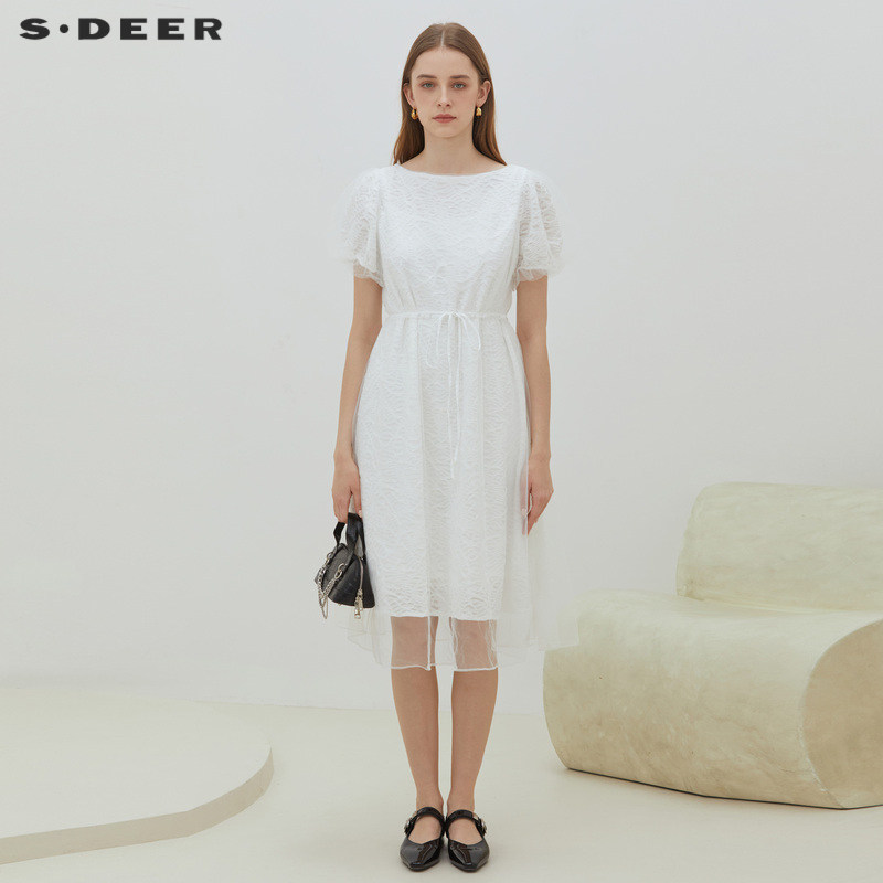 【直播间专属】S·DEER圣迪奥圆领收腰网纱泡泡袖连衣裙S223