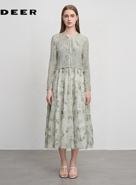 sdeer圣迪奥女装印花收腰网纱针织衫吊带裙套装S242Z1458