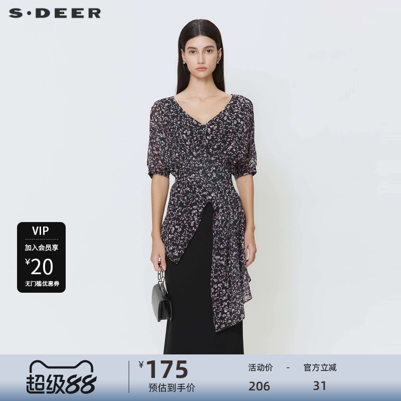 sdeer圣迪奥女装小清新V领碎花雪纺收腰短袖衬衫S242604