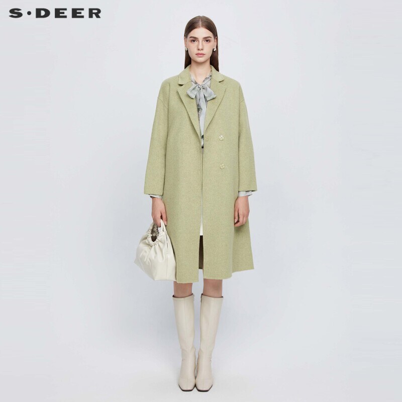 sdeer圣迪奥女装西装领收腰毛呢长款大衣S22482520